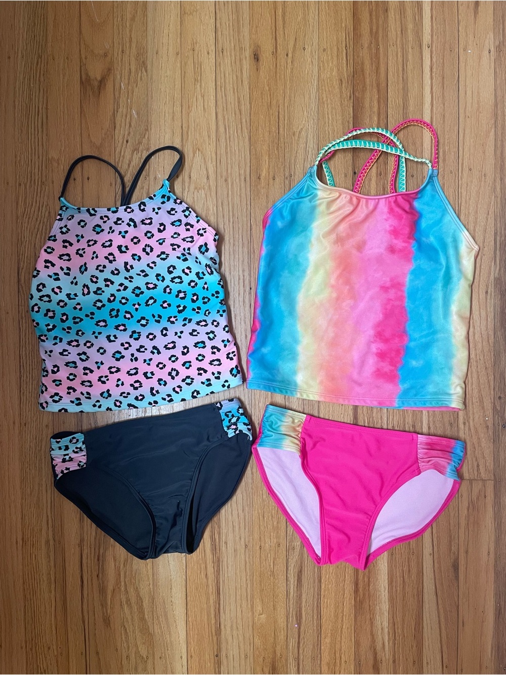 Cat & Jack Girls' Rainbow Striped & Pink-Blue Leopard Tankini Set